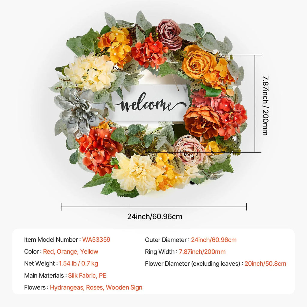 Artificial 24 Inch Wreath with Welcome Sign, Hydrangea and Rose Faux Floral Door Wreath, Year Round Indoor Outdoor Home Decor