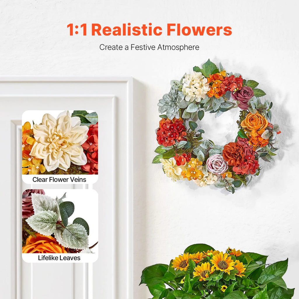 Artificial 24 Inch Wreath with Welcome Sign, Hydrangea and Rose Faux Floral Door Wreath, Year Round Indoor Outdoor Home Decor
