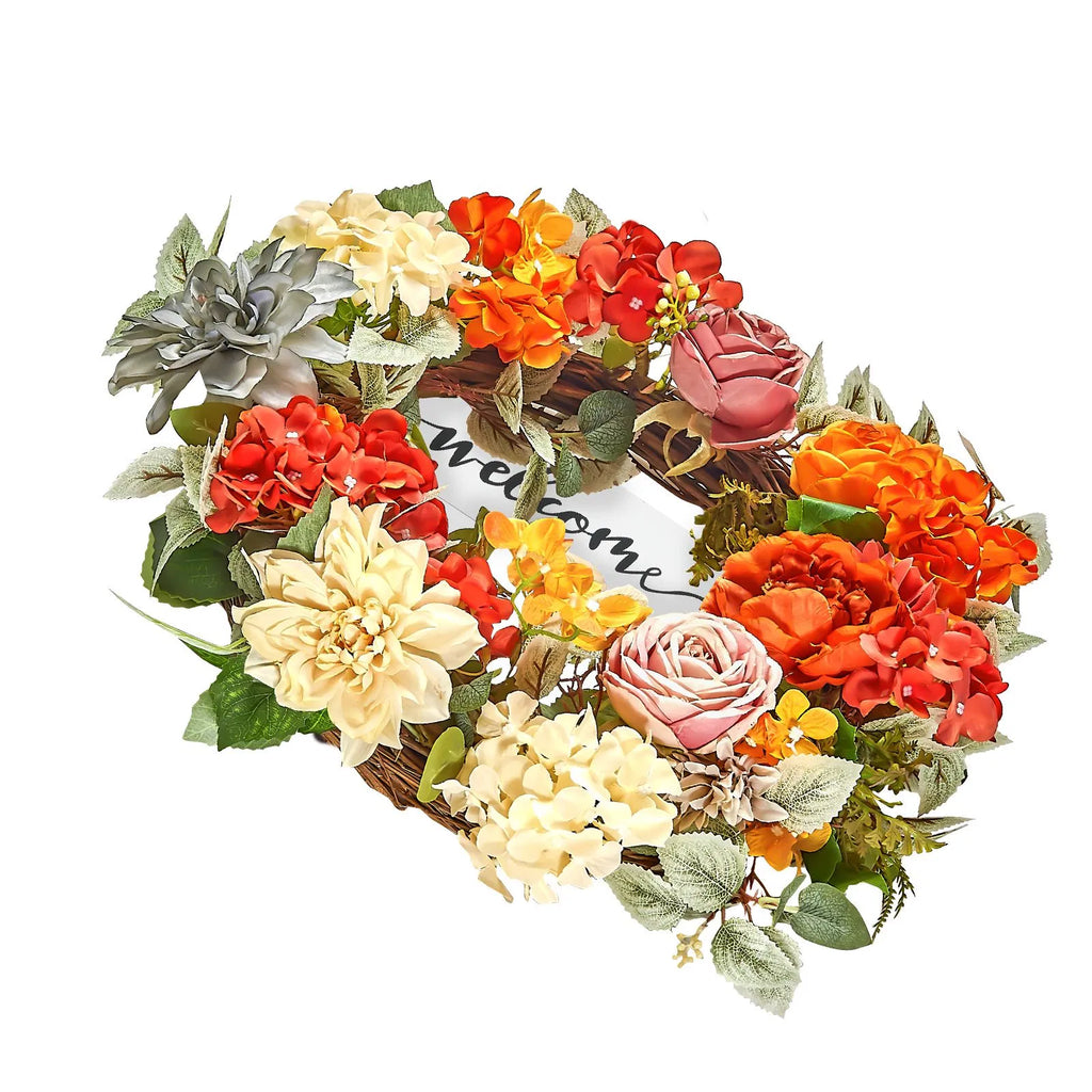 Artificial 24 Inch Wreath with Welcome Sign, Hydrangea and Rose Faux Floral Door Wreath, Year Round Indoor Outdoor Home Decor