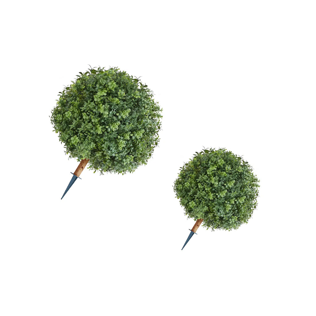 Artificial Topiary Boxwood Trees with Ground Spike, 22 Inch 2 Pack Faux Shrubs & Bushes, Realistic Evergreen Potted Plants