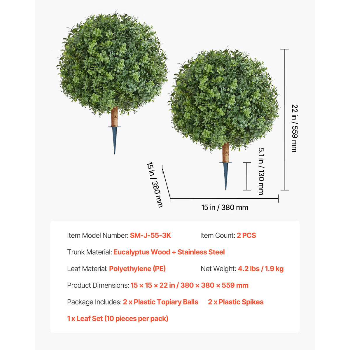 Artificial Topiary Boxwood Trees with Ground Spike, 22 Inch 2 Pack Faux Shrubs & Bushes, Realistic Evergreen Potted Plants