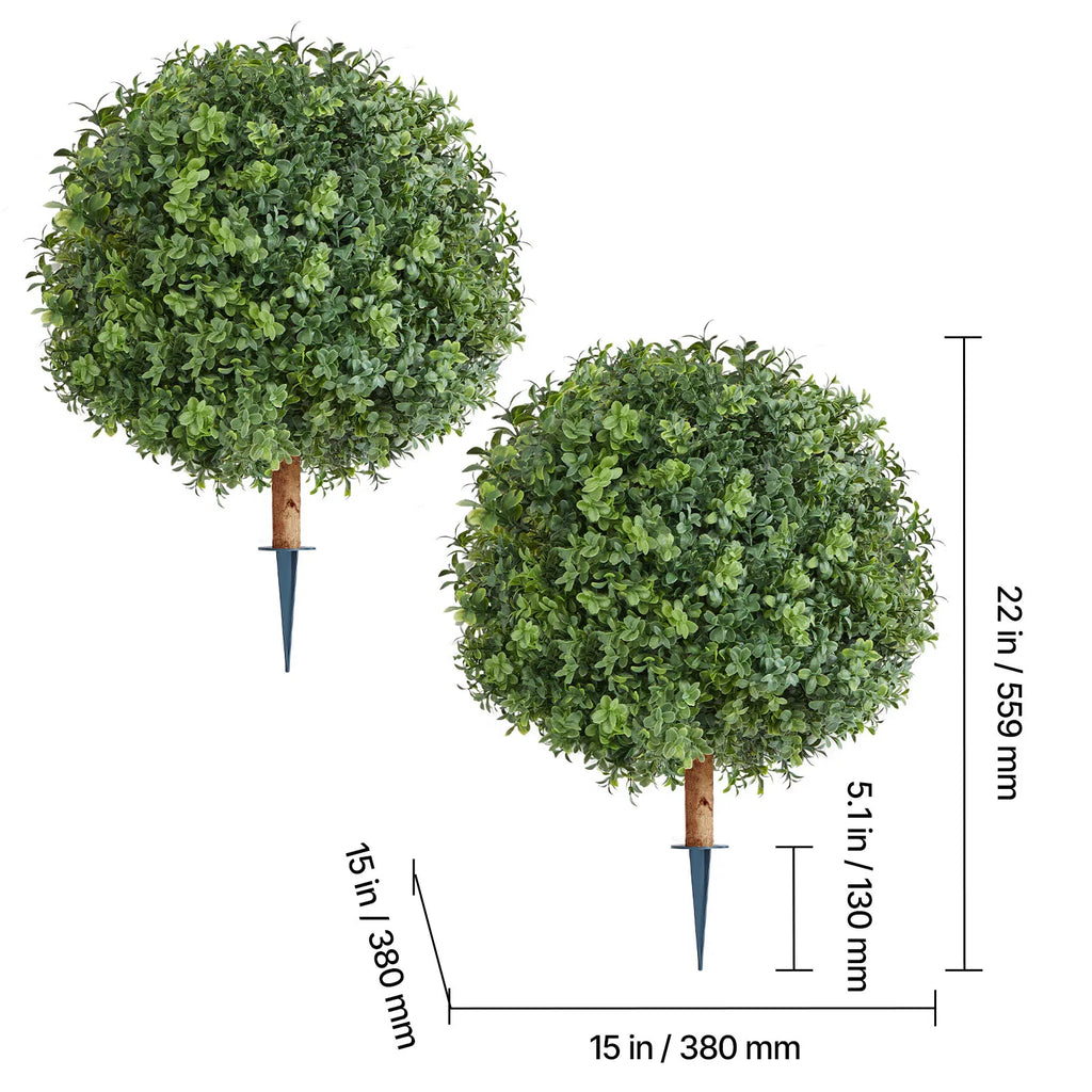 Artificial Topiary Boxwood Trees with Ground Spike, 22 Inch 2 Pack Faux Shrubs & Bushes, Realistic Evergreen Potted Plants