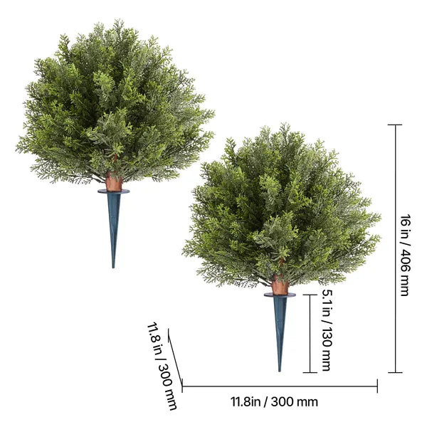 2 Pack 16 Inch Artificial Topiary Trees with Ground Spike, Realistic PE Faux Cypress Shrubs, Weather Resistant Fake Plants for Front Porch, Garden, Patio & Indoor Decor