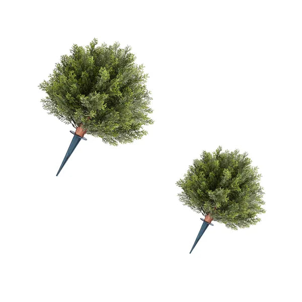 2 Pack 16 Inch Artificial Topiary Trees with Ground Spike, Realistic PE Faux Cypress Shrubs, Weather Resistant Fake Plants for Front Porch, Garden, Patio & Indoor Decor