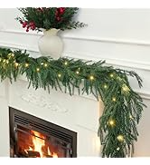 Christmas Pre-Lit LED Garland, Artificial Pine Garland with Red Berries & Pine Cones, Battery Powered Waterproof, Fireplace Mantel Holiday Decor