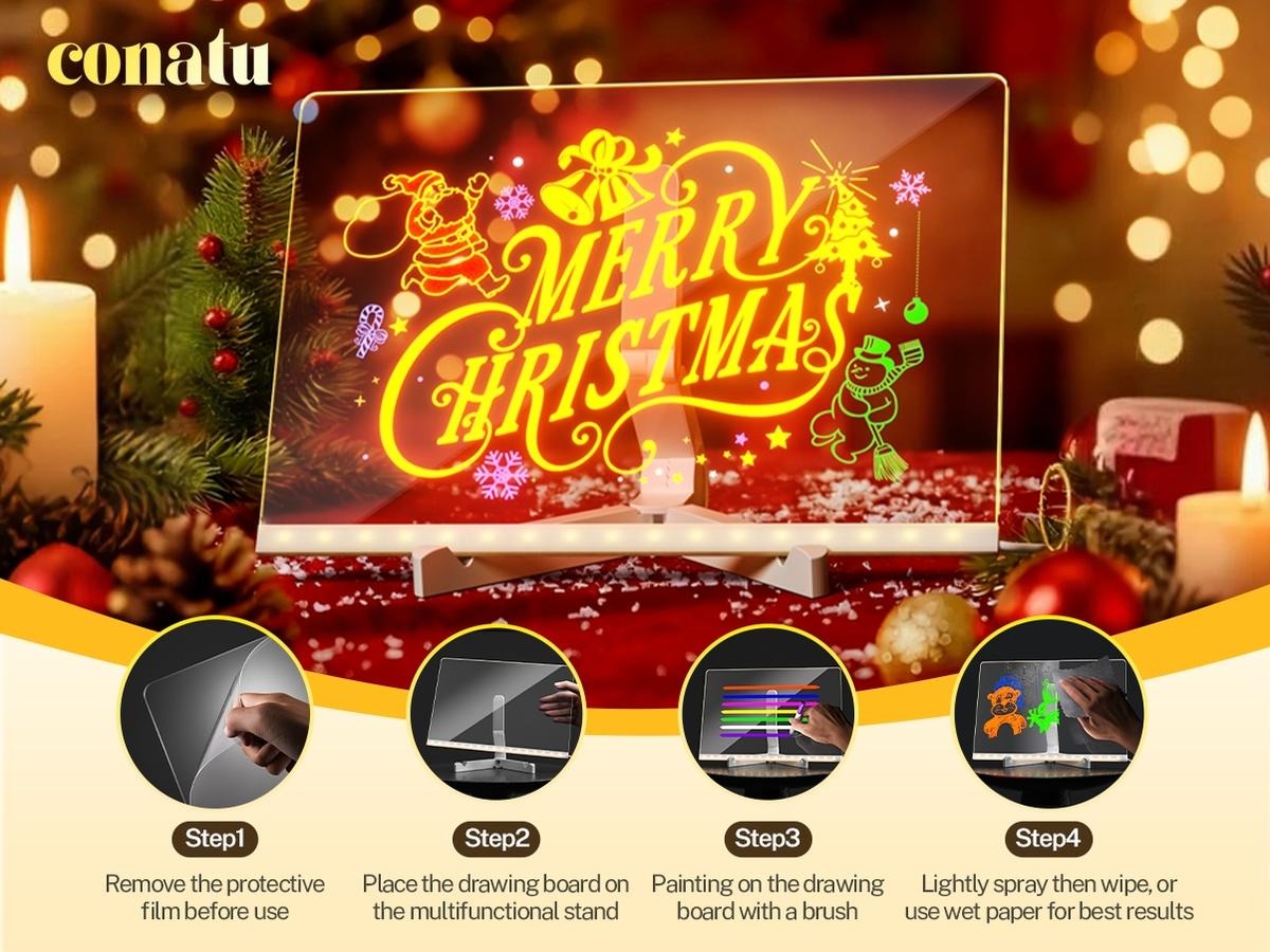 Light Up Acrylic Message Board, Erasable Glow Drawing Board with 7 Markers, USB Powered Christmas Desktop Decor & Holiday Gift for Kids