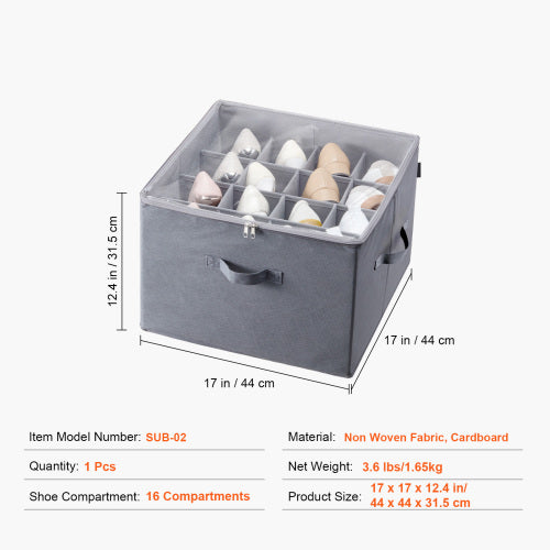 Under Bed Shoe Storage Organizer, 16 Compartments with Adjustable Dividers, Clear Window & Reinforced Handles, Breathable.