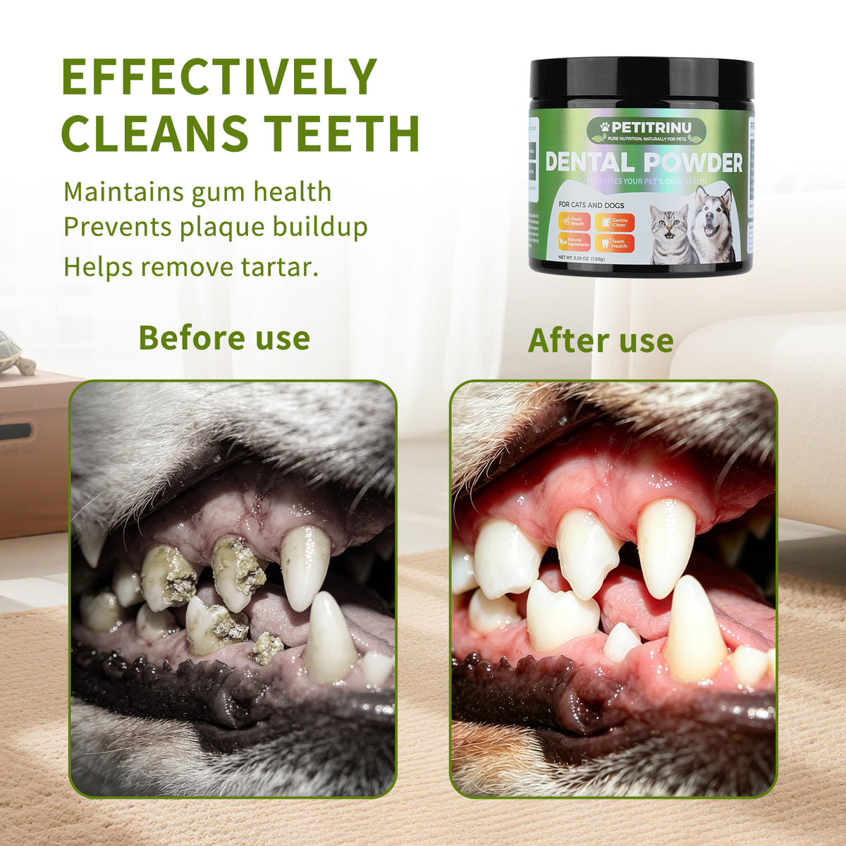 PETITRINU Dental Powder for Cats & Dogs, 5.29 oz - Natural Plaque & Tartar Control, Fresh Breath Freshener, Just Mix into Food