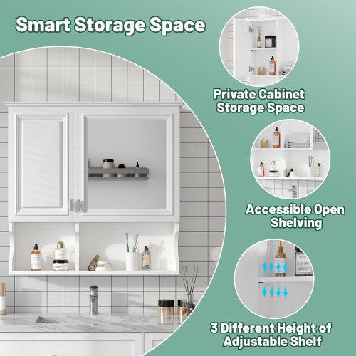 Wall Mounted Storage Cabinet with Mirror, White Bathroom Medicine Cabinet with Adjustable Shelf, Wall Cabinet for Bedroom