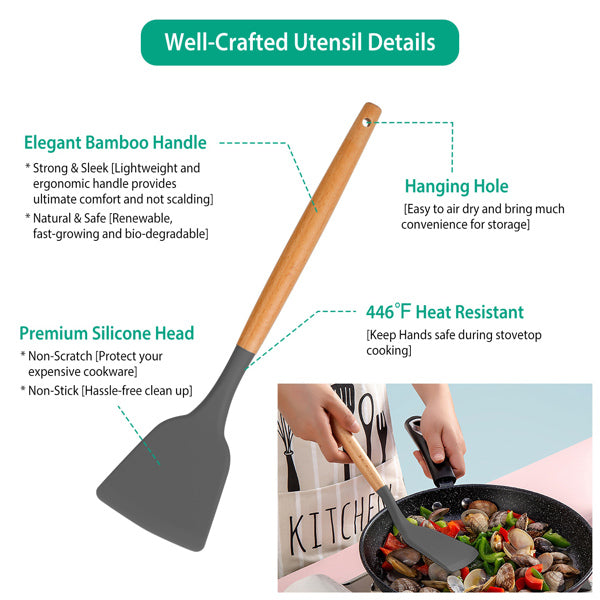 12 Pcs Silicone Kitchen Utensil Set with Bamboo Handles, Gray Cooking Tools with Holder, Heat Resistant Nonstick Spatula Set