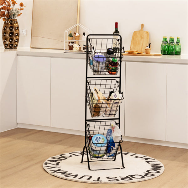 AEELLEEA 3-Tier Wire Basket Storage Rack, Adjustable Freestanding Metal Organizer with Removable Baskets, Black