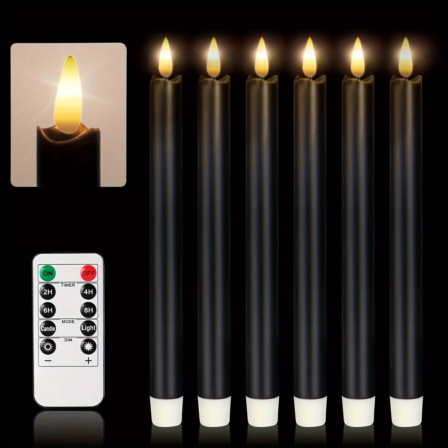 Flameless Black Taper Candles Flickering with 10-Key Remote, LED Warm 3D Wick Light Window Candles Real Wax Pack of 6, Christmas Home Wedding Decor