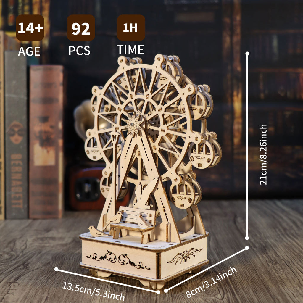 Wooden Ferris Wheel 3D Puzzle Music Box, No Glue Assembly DIY Wood Model Kit, Decorative Musical Ornament Gift for Adults Teens