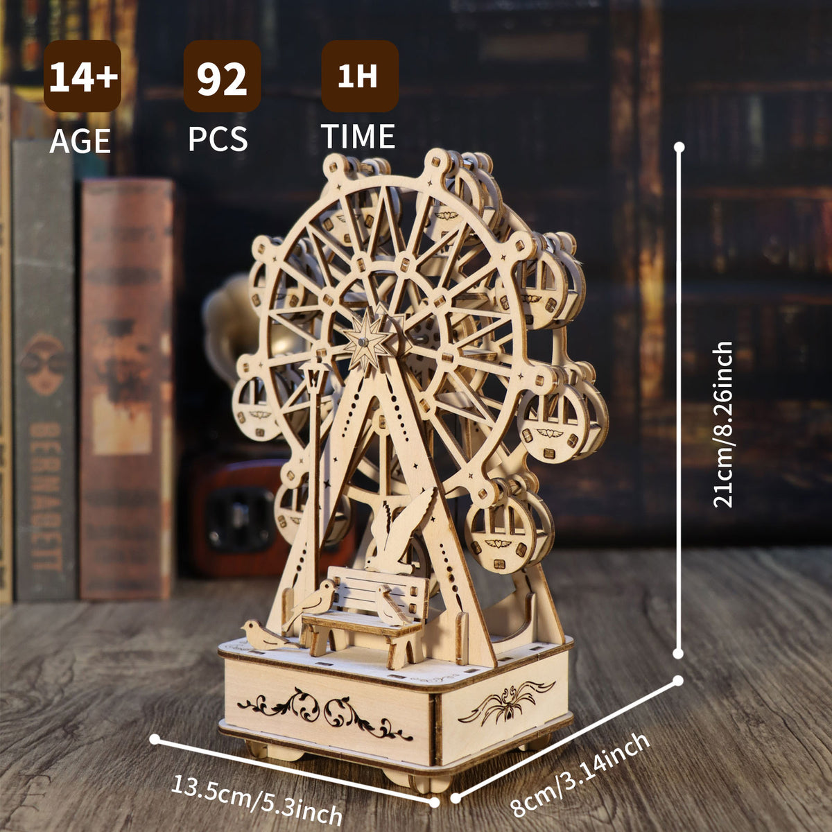 Wooden Ferris Wheel 3D Puzzle Music Box, No Glue Assembly DIY Wood Model Kit, Decorative Musical Ornament Gift for Adults Teens