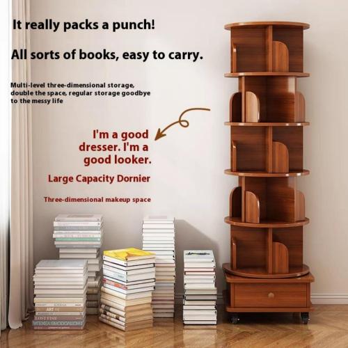 AEELLEEA 6-Tier 360° Rotating Bookshelf with Wheels & Storage Drawer, Wood Corner Bookcase Organizer for Bedroom Living Room Study, Walnut Brown