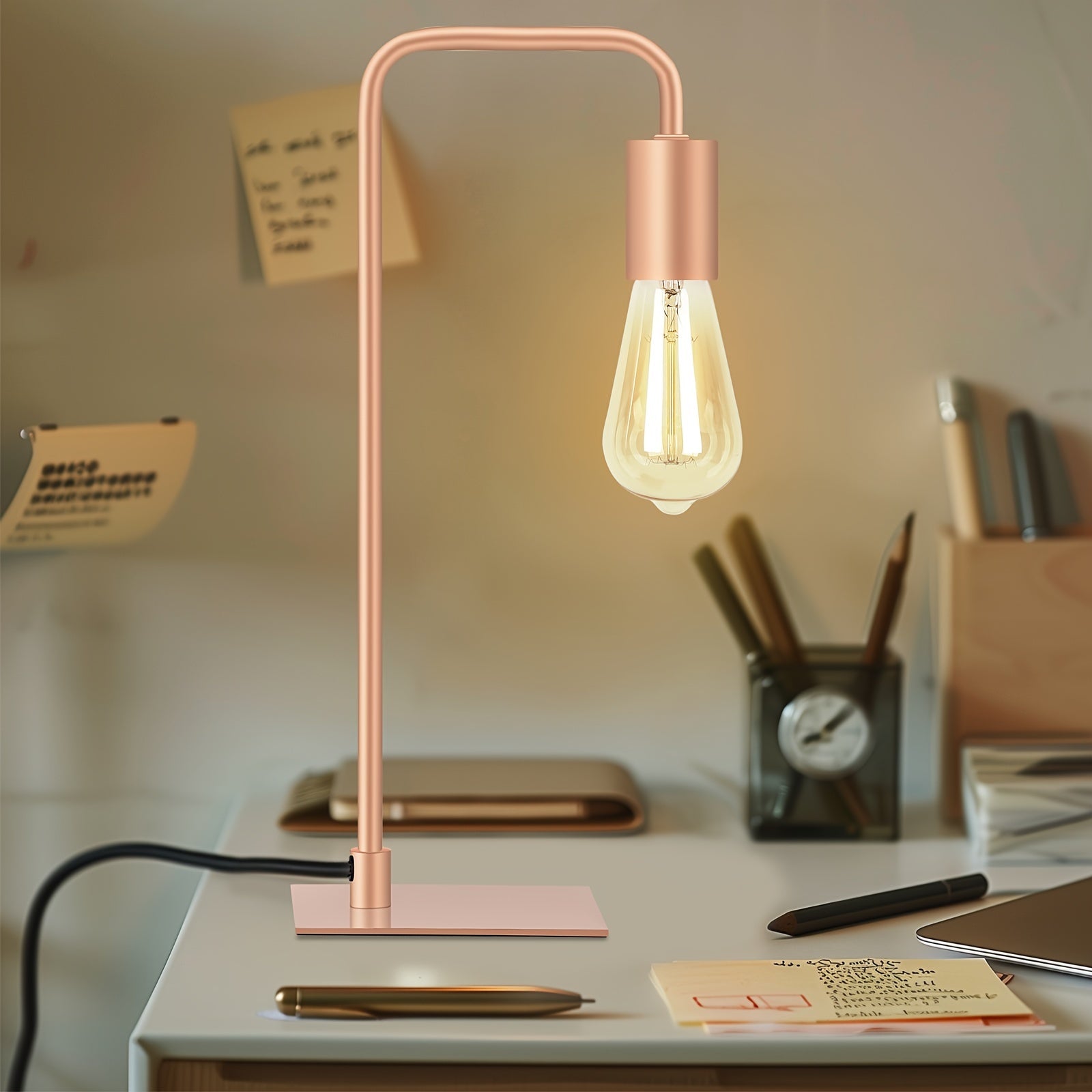Rose Gold Desk Lamp - Edison Desk Lamp - Industrial Bedside Lamp For Bedroom, Living Room, Dormitory - Small Metal Lamp For Reading, Nightstand, Dressing Table