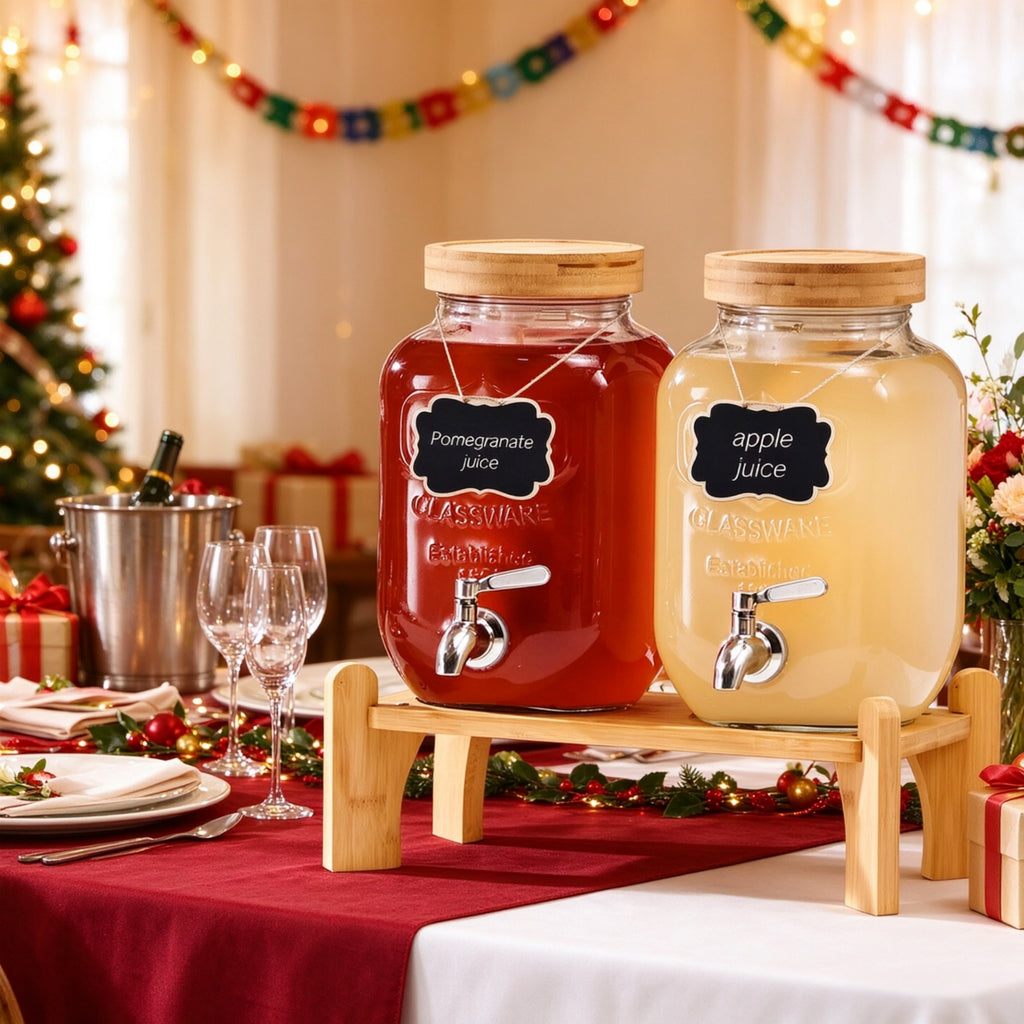 AEELLEEA 2 Pack 1 Gallon Glass Beverage Dispenser with Bamboo Stand & Spigot, 13.78"x13.39" Drink Jar for Party