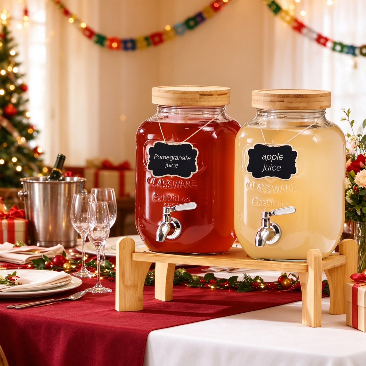 AEELLEEA 2 Pack 1 Gallon Glass Beverage Dispenser with Bamboo Stand & Spigot, 13.78"x13.39" Drink Jar for Party