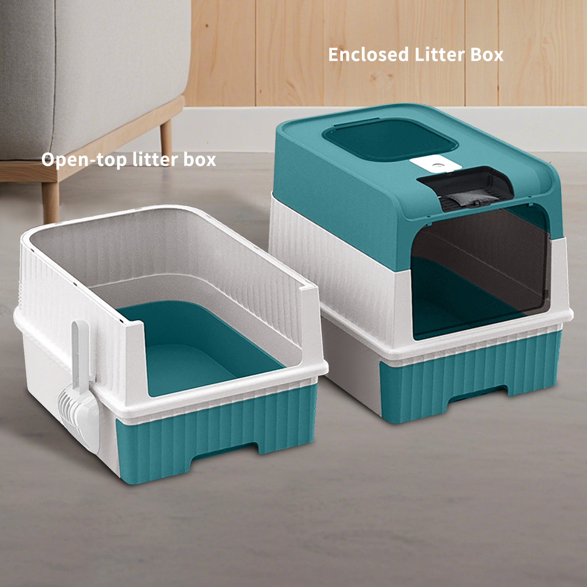 Enclosed Cat Litter Box with Lid, Anti-Tracking Fence, Drawer Tray & Scoop, Odor Control, Large, for Indoor Cats -Blue and White