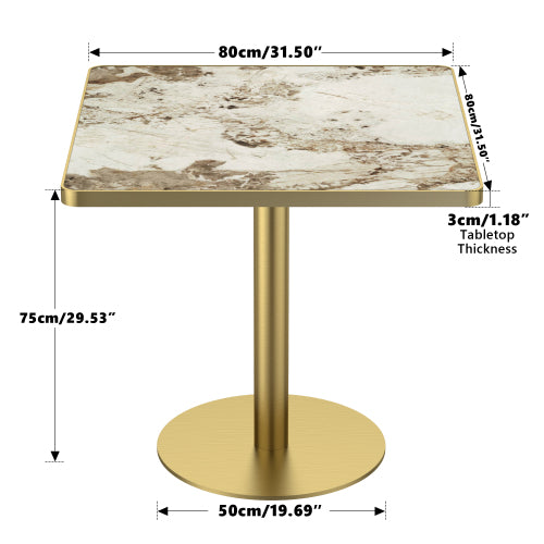 AEELLEEA 31.5-Inch Square Dining Table, Brown and White Marble-Look Top with Gold Metal Pedestal Base, Modern Kitchen Table