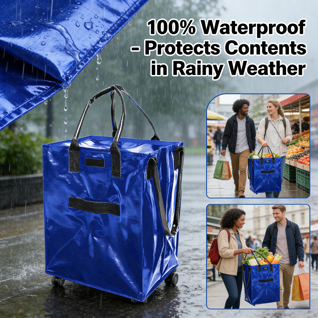 Folds Flat Reusable Grocery Bag on Wheels, Waterproof Shopping Trolley Bag, Foldable Rolling Cart Bag for Grocery, Travel & Home Storage, Space-Saving Utility Organizer