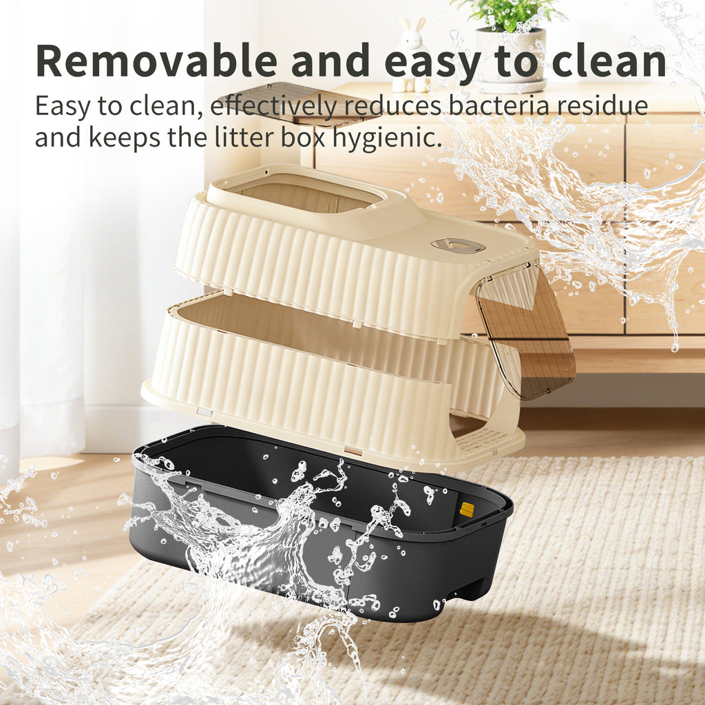 Enclosed Cat Litter Box with 2-Way Transparent Door and Litter Sifting Step, Removable Easy-Clean Design, Beige & BALCK