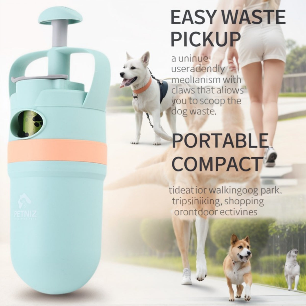 Portable Dog Poop Picker, 6-Claw Pet Poop Scooper with Built-in Waste Bag Dispenser & Lanyard, Outdoor Walking Dog Waste Cleaning Pick Up Tool