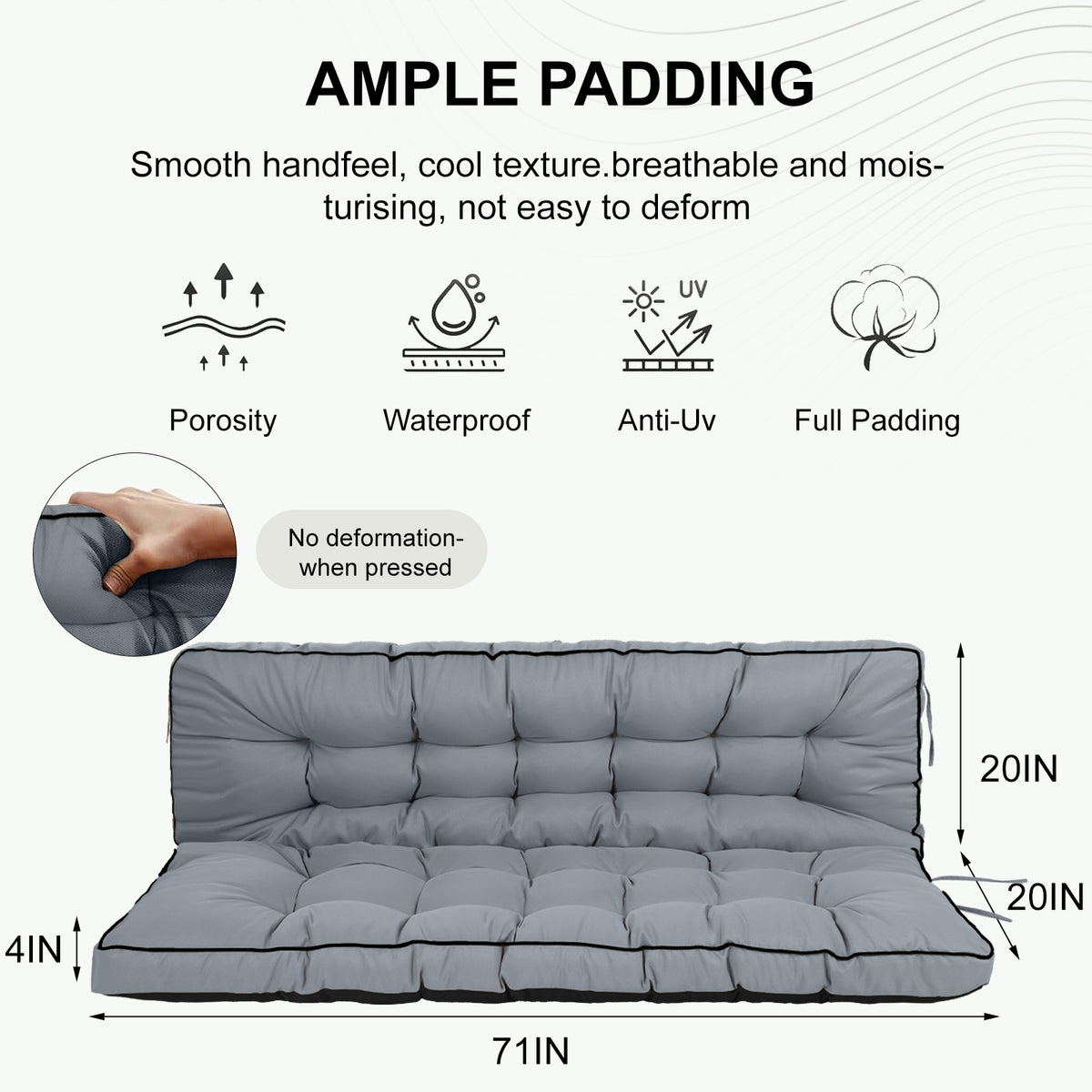 AEELLEEA 70 Inch Outdoor Porch Swing Cushion, Waterproof UV Resistant 4" Thick Bench Swing Replacement Cushion with Secure Fixing Ties