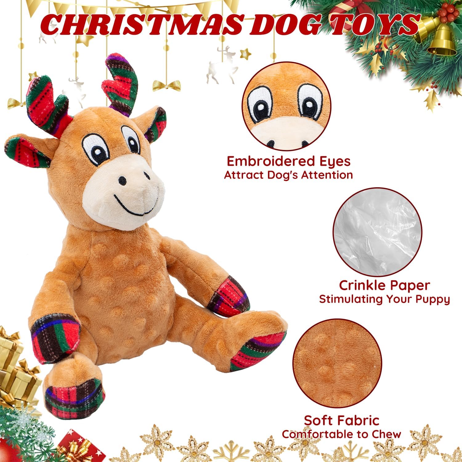 ZippyPawsDog Christmas Reindeer Plush Toys with Squeaker, Soft Pet Teeth Toys for Small & Medium Dogs