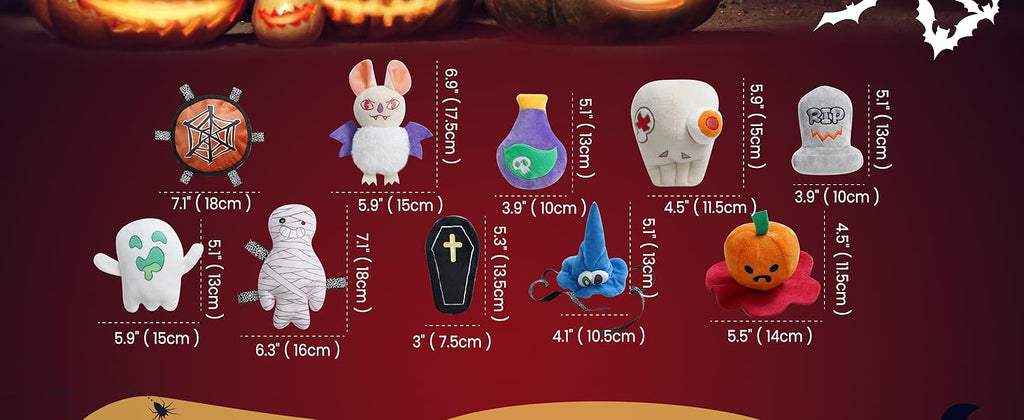 10PC Halloween Dog Toys Set, Creepy-Theme Puppy Enrichment Small Dog Toys Squeaky & Crinkle Funny Plush Stuffed Chew Toys Bundle for with Pumpkin, Skeleton, Mummy, Bat & More