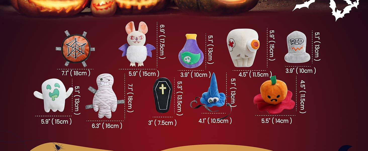 10PC Halloween Dog Toys Set, Creepy-Theme Puppy Enrichment Small Dog Toys Squeaky & Crinkle Funny Plush Stuffed Chew Toys Bundle for with Pumpkin, Skeleton, Mummy, Bat & More