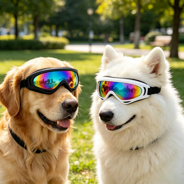2 Pack Dog Goggles Pet Sunglasses with Adjustable Straps, Rainbow Lens Eye Protection for Medium Large Dogs, Black & White