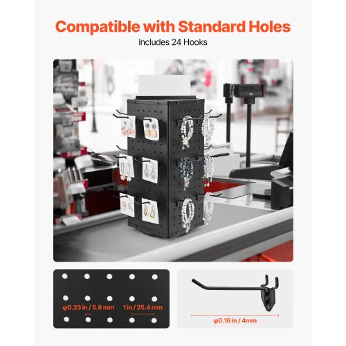Rotating Pegboard Display 4-Sided Spinning Peg Board Display with 24 Hooks Black