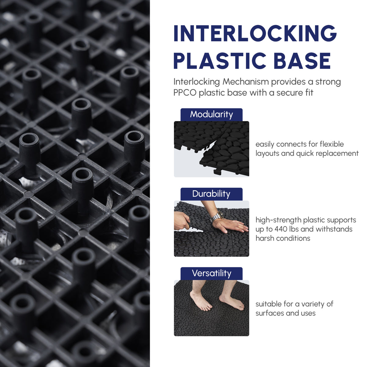 AEELLEEA 12x12 Inch Black Interlocking Deck Tiles, Pebble Pattern Plastic Floor Tiles, Waterproof Non-Slip, Pack of 60 for Bathroom, Patio, Balcony