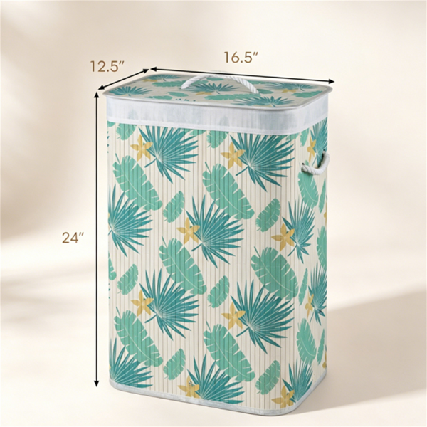 Laundry Hamper with Lid, 19 Gallon Collapsible Clothes Basket with Removable Washable Liner, Tropical Leaf Print Fabric with Side Handles for Bedroom Bathroom