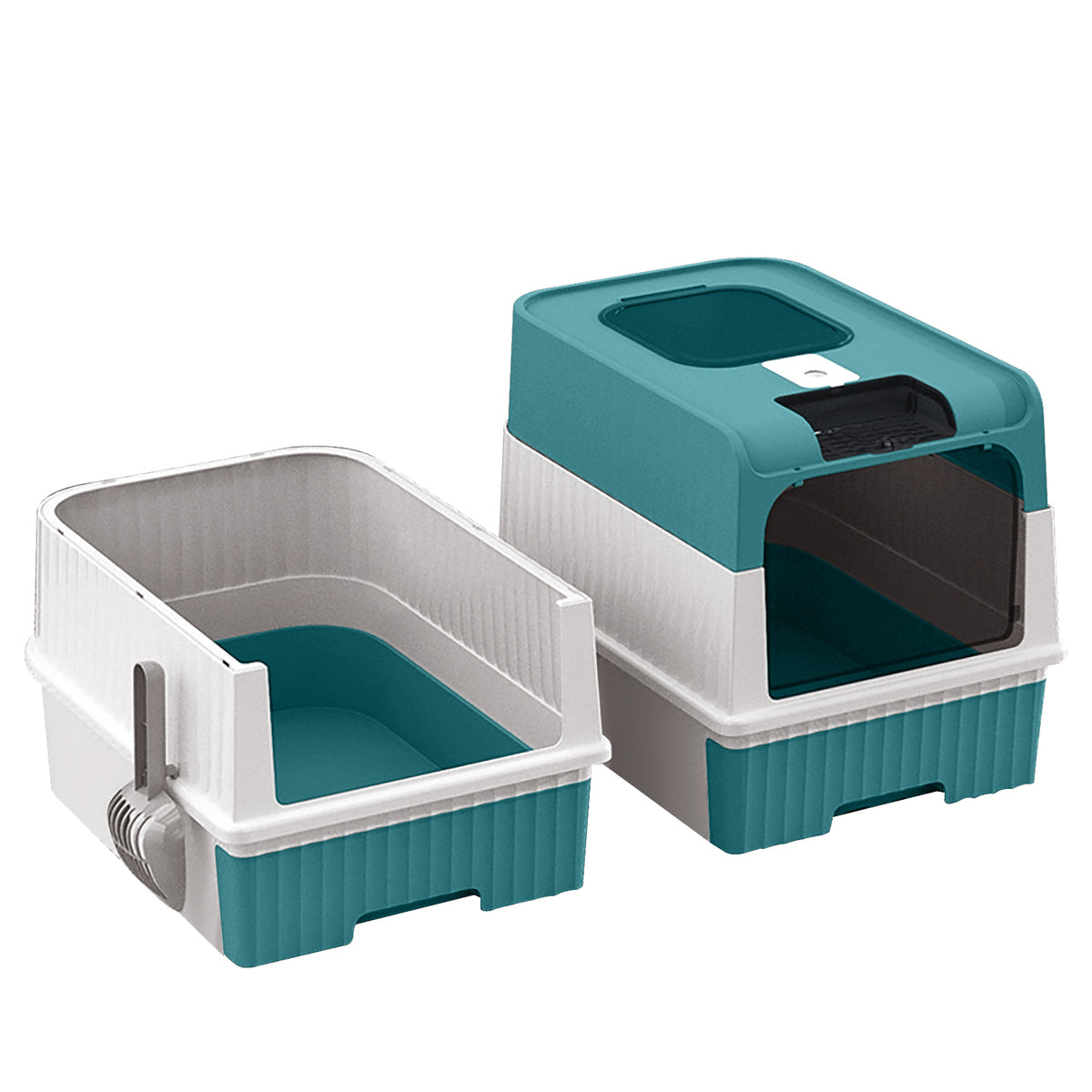 Enclosed Cat Litter Box with Lid, Anti-Tracking Fence, Drawer Tray & Scoop, Odor Control, Large, for Indoor Cats -Blue and White