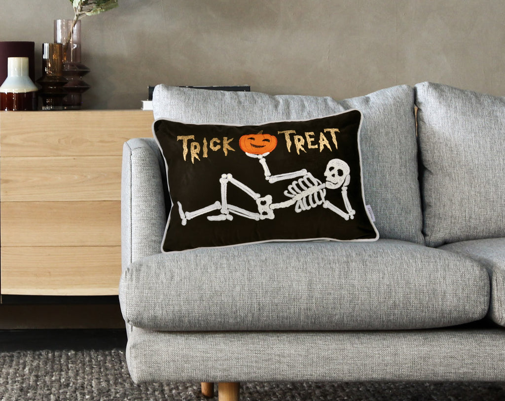 AEELLEEA 12x18 Inch Halloween Throw Pillow, Trick or Treat Skeleton Pumpkin Embroidered Lumbar Cushion for Sofa Couch Home Holiday Decor