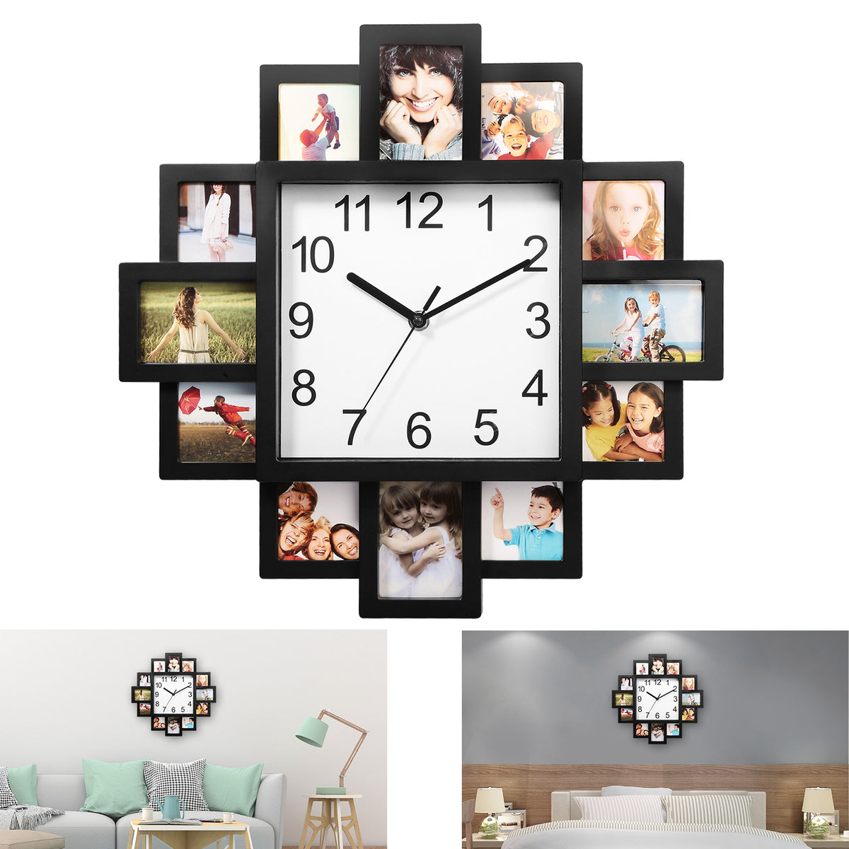 Photo Frame Wall Clock, 12 Photo Collage Frame Silent Quartz Wall Clock for Home Decor, Family Memory Picture Clock Gift