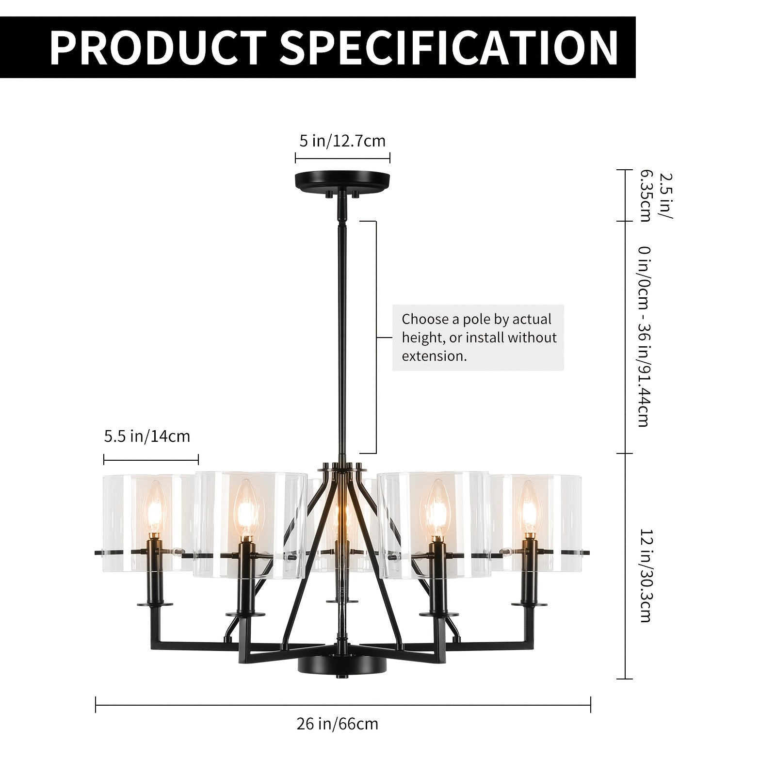 5-Light Minimalist Pendant Light - Black Metal & Glass Shade, E12 Bulb Compatible, Height Adjustable - Ideal for Kitchen Island, Bedroom, Dining & Living Room