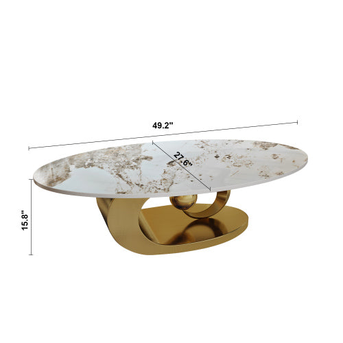 Modern Oval Coffee Table, White Faux Marble Top with Gold Openwork Metal Base, Luxury Living Room Tea Table