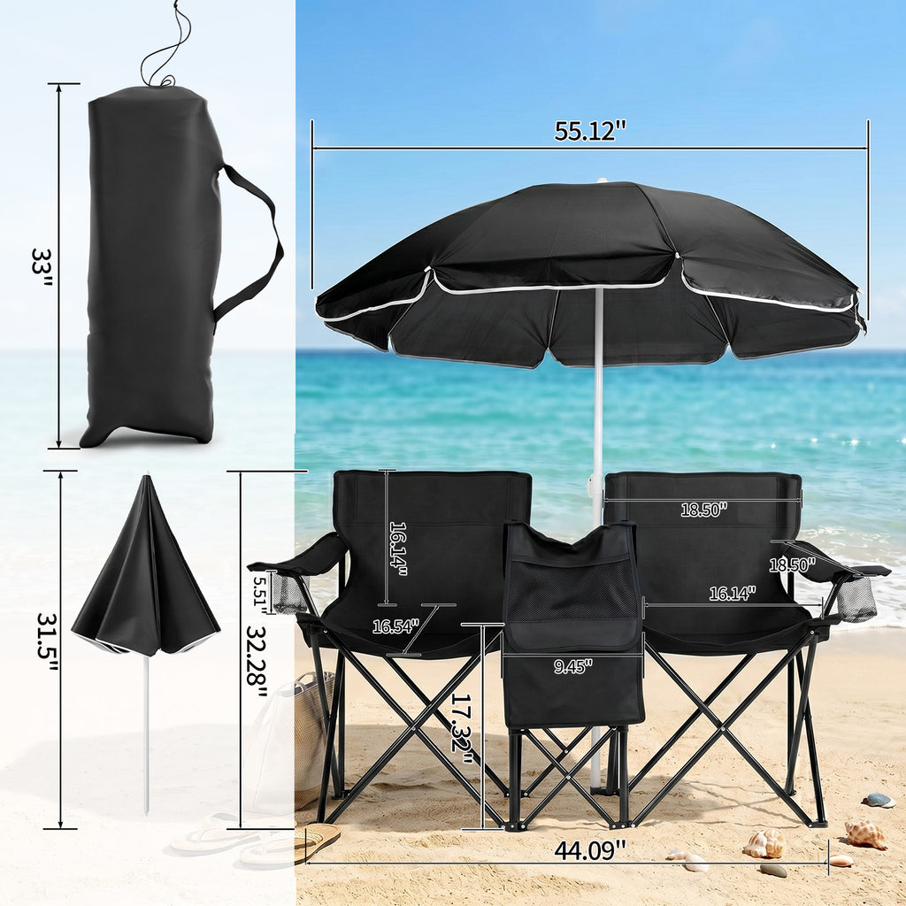 AEELLEEA Double Folding Camping Chair Set with 60" Sun Umbrella, Portable Outdoor 2-Seat Chair for Patio Beach