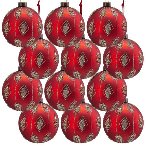 AEELLEEA 3.1" Red Glass Christmas Ball Ornaments Set of 12, Glitter Diamond Pattern Hanging Baubles for Christmas Tree Holiday Decor