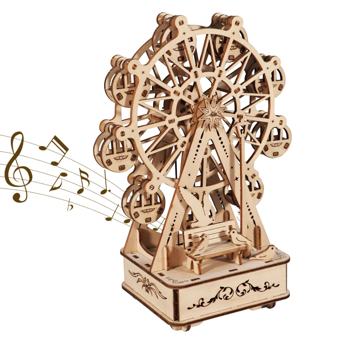 Wooden Ferris Wheel 3D Puzzle Music Box, No Glue Assembly DIY Wood Model Kit, Decorative Musical Ornament Gift for Adults Teens