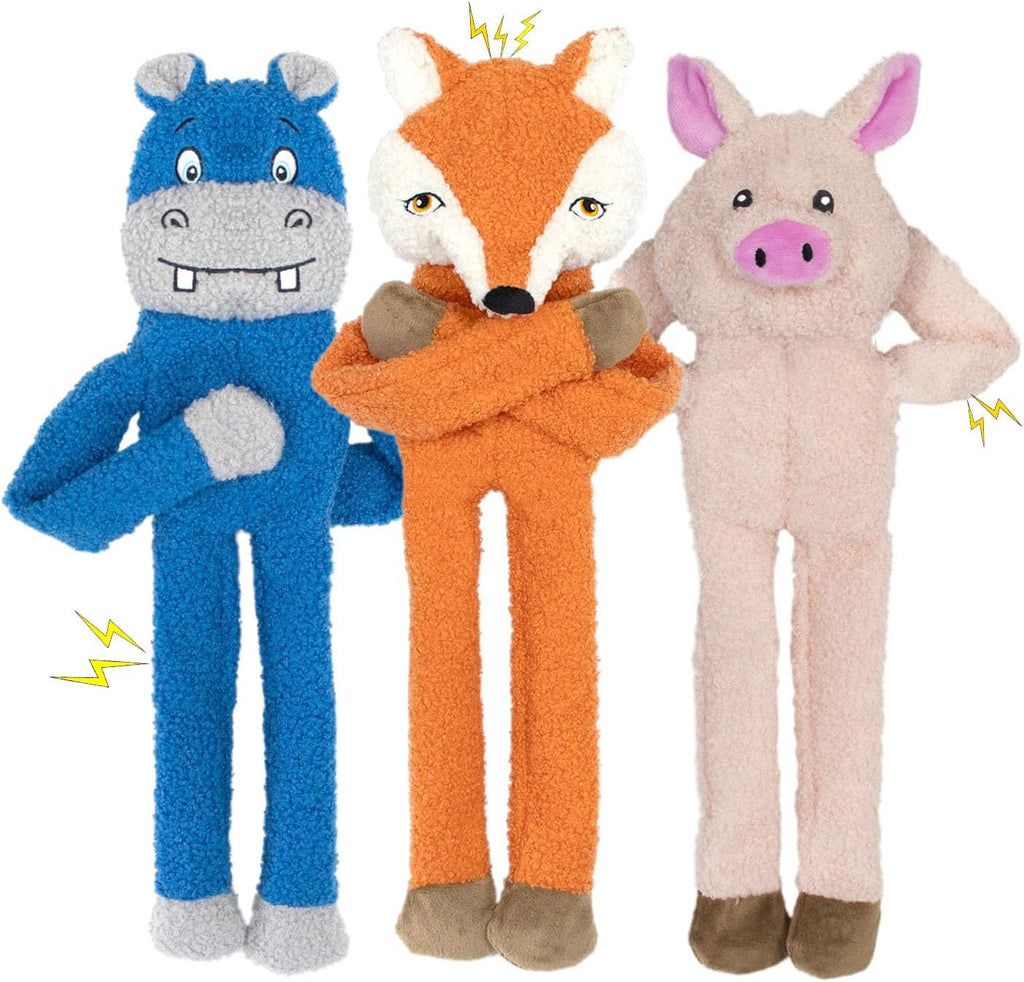 3 Pack No Stuffing Crinkle Squeaky Interactive Plush Dog Toys for Aggressive Chewers to Keep Puppy Busy for Boredom Small & Medium Breeds Furry Friend Teething Orange Fox Pink Pig Blue Hippo