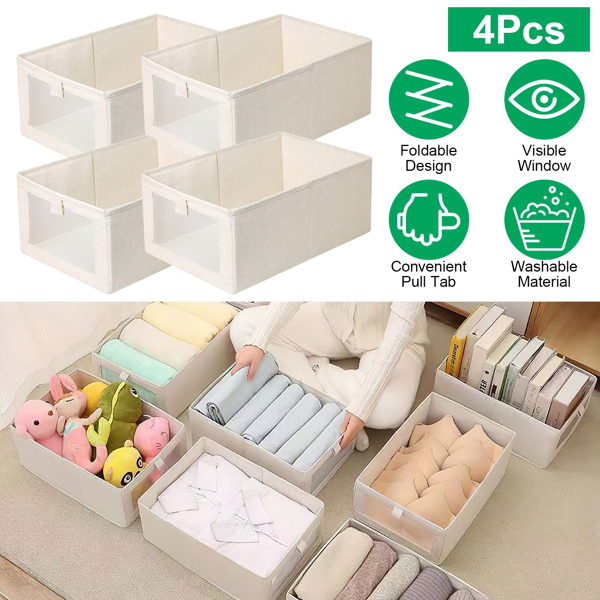 4 Pack Foldable Fabric Storage Bins with Clear Window, Collapsible Closet Organizer with Pull Tabs, Washable Storage Boxes for Toys Clothes Wardrobe