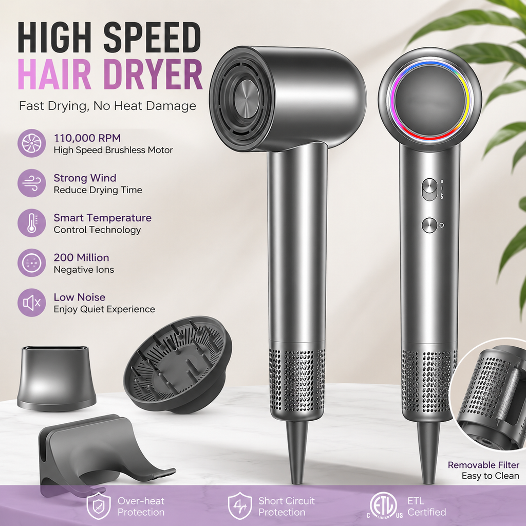 AEELLEEA High-Speed Hair Dryer, 150,000 RPM Ionic Blow Dryer with Diffuser, Fast Drying Low Noise, Gray