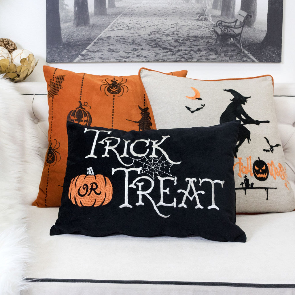 AEELLEEA 12x18 Inch Halloween Throw Pillow, Trick or Treat Pumpkin Spider Web Embroidered Lumbar Cushion with Zipper for Sofa Home Holiday Decor