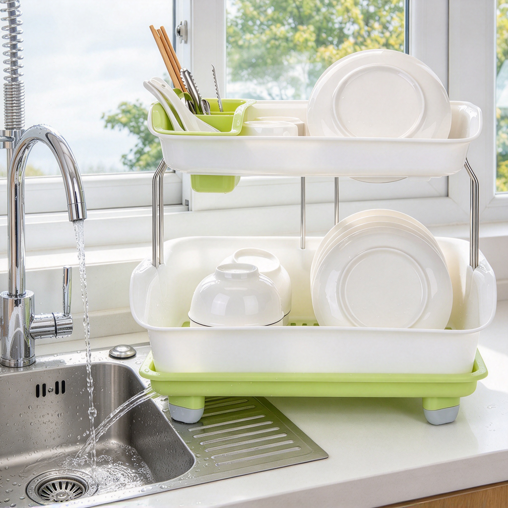 AEELLEEA 2-Tier Dish Drying Rack, Countertop PP Dish Rack with Automatic Drainage, Stainless Steel Support & Cutlery Holder for Kitchen