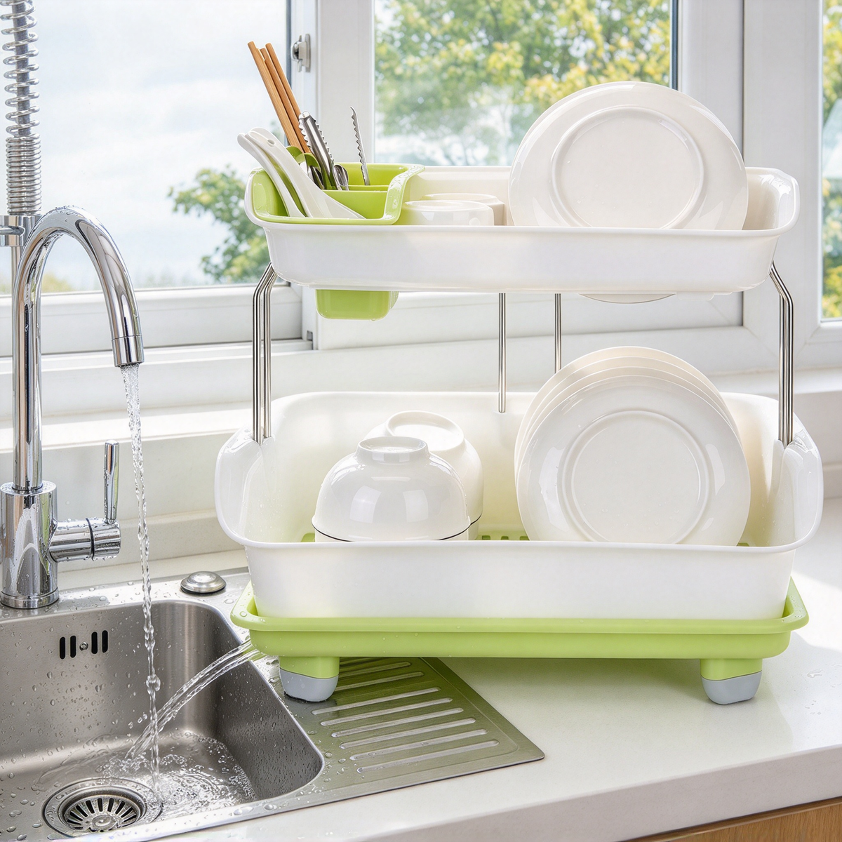 AEELLEEA 2-Tier Dish Drying Rack, Countertop PP Dish Rack with Automatic Drainage, Stainless Steel Support & Cutlery Holder for Kitchen