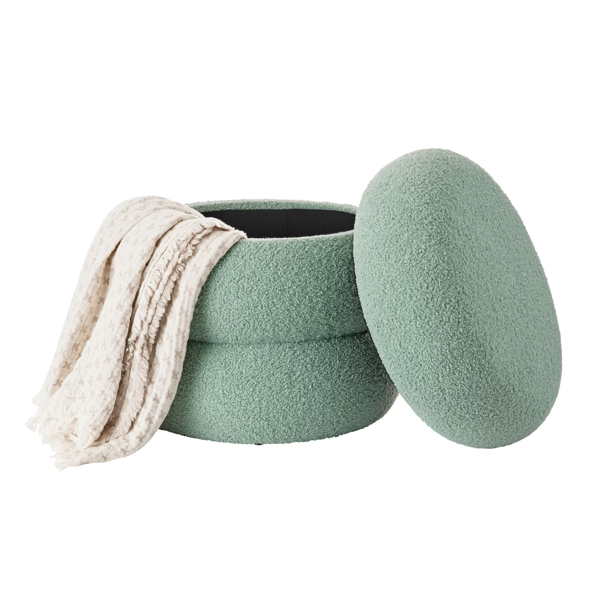 AEELLEEA 17" Round Boucle Storage Ottoman with Removable Lid, Upholstered Footstool for Living Room Bedroom, Light Green